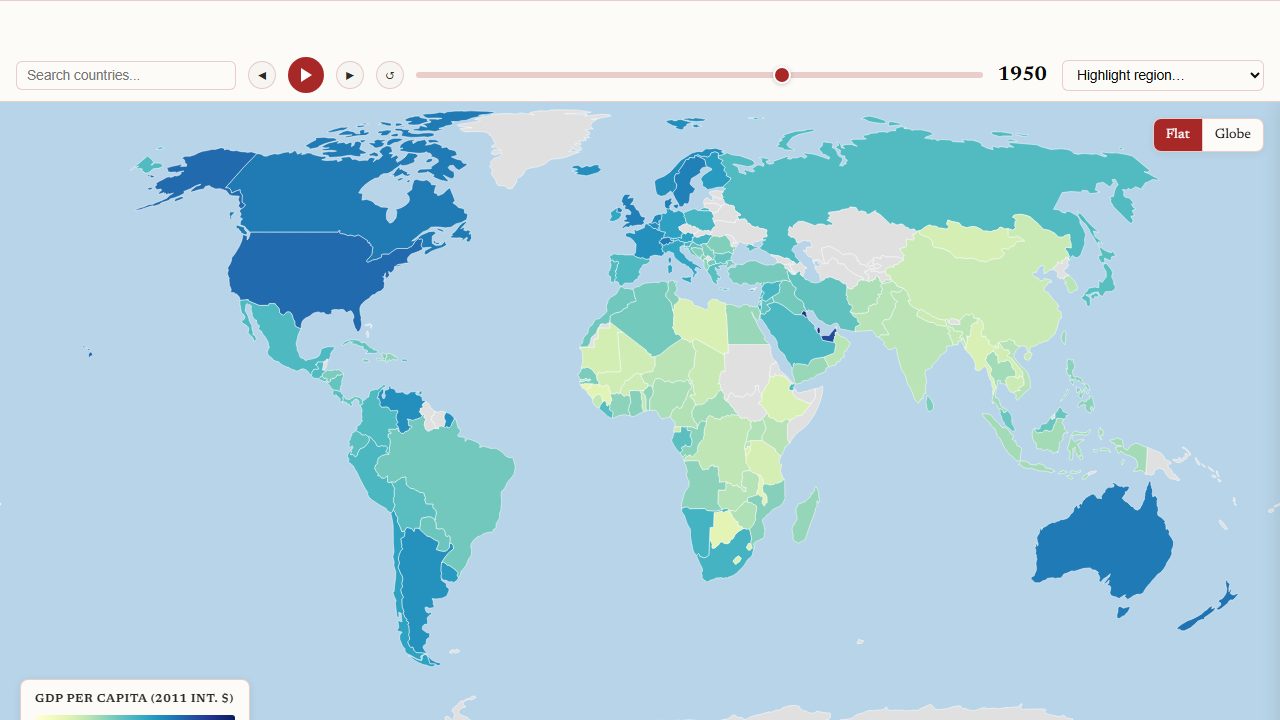 World choropleth of GDP per capita in 1950, with year scrubber, region highlighter, and a flat/globe toggle