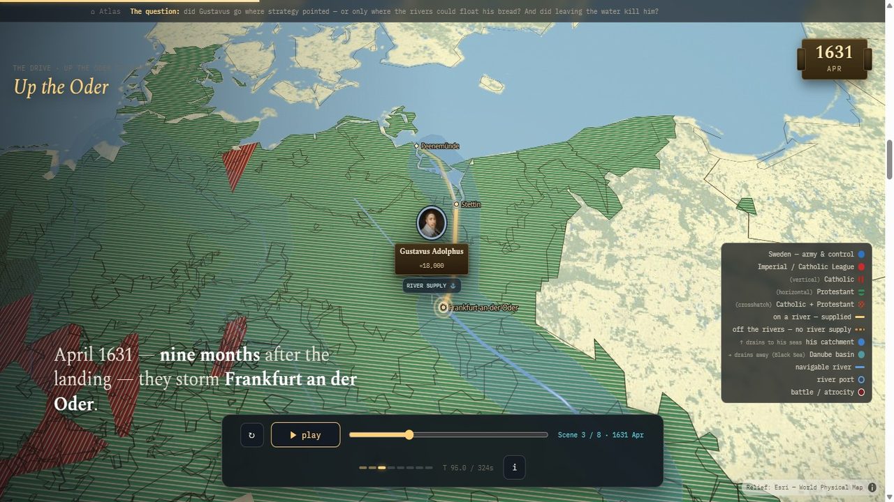 Campaign map of northern Germany in 1631 &mdash; Protestant and Catholic camps as striped ground, the Oder river and its supply corridor in blue, the Swedish advance as a gold line